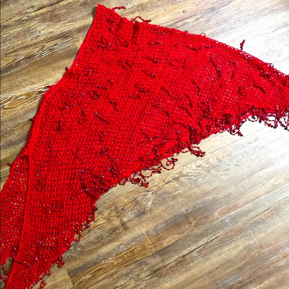 Red see through Woven knit Shaw poncho shrug sweater - Picture 2 of 7